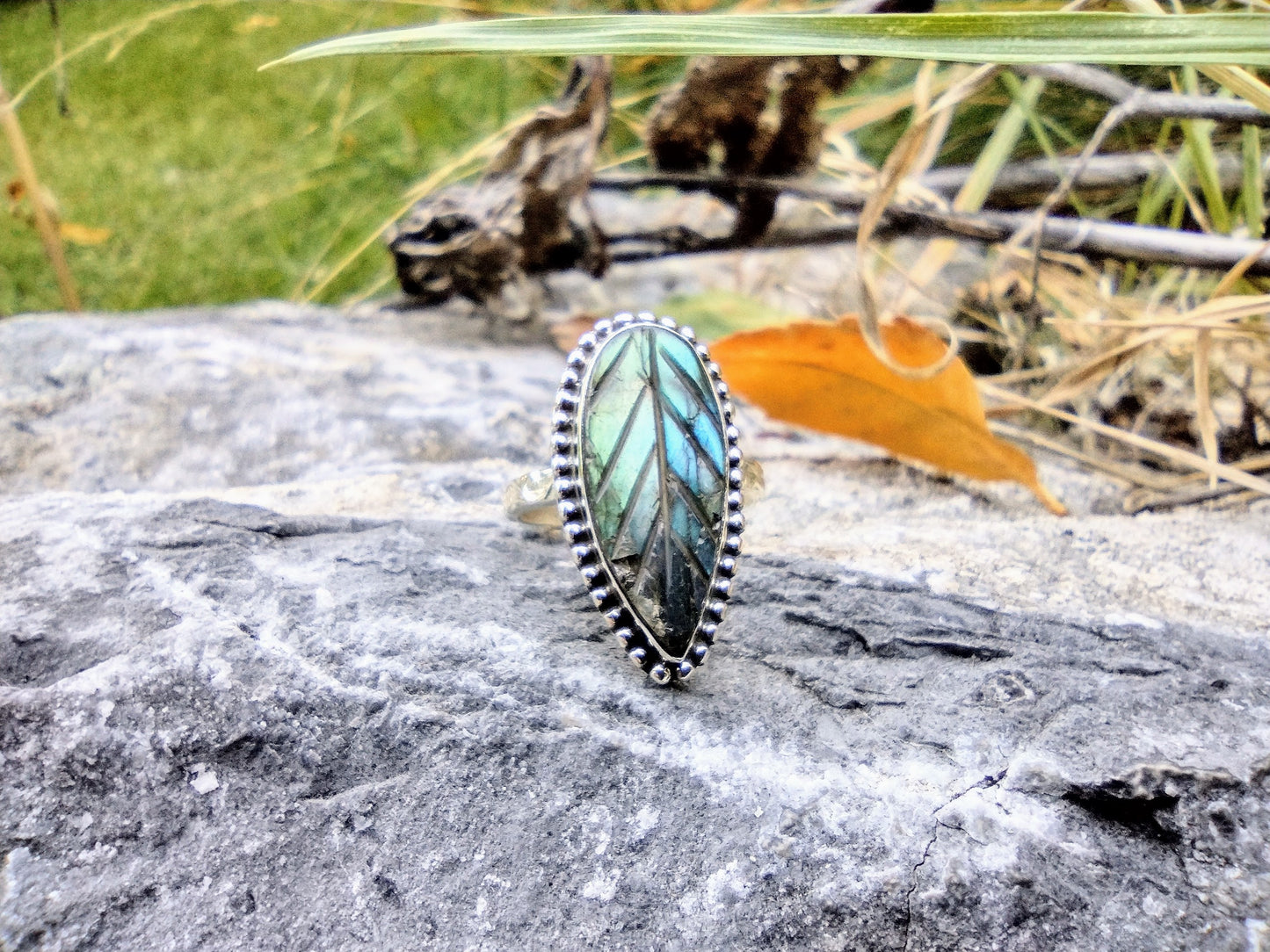 Carved Blue Labradorite Ring | Size 7