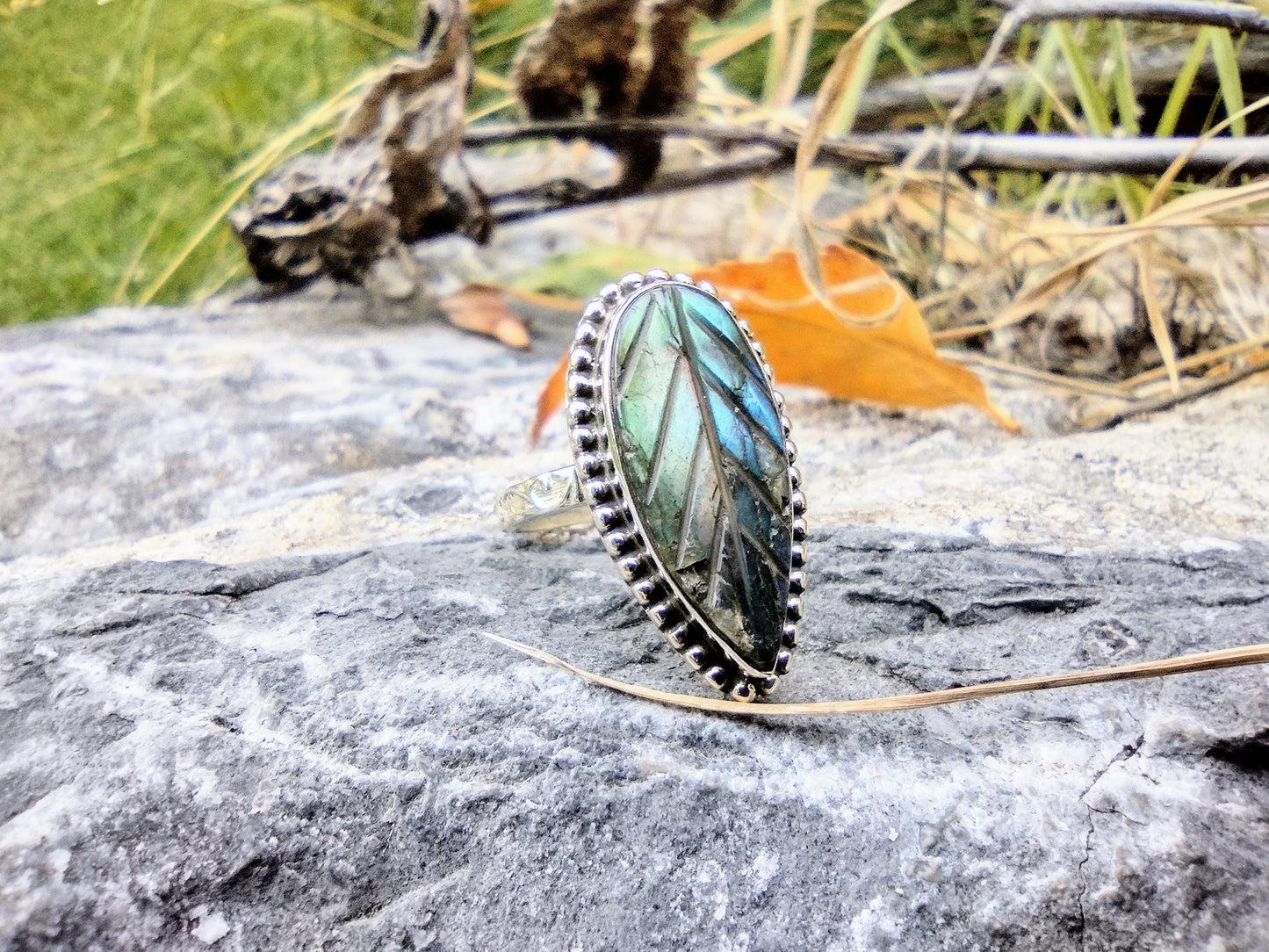 Carved Blue Labradorite Ring | Size 7