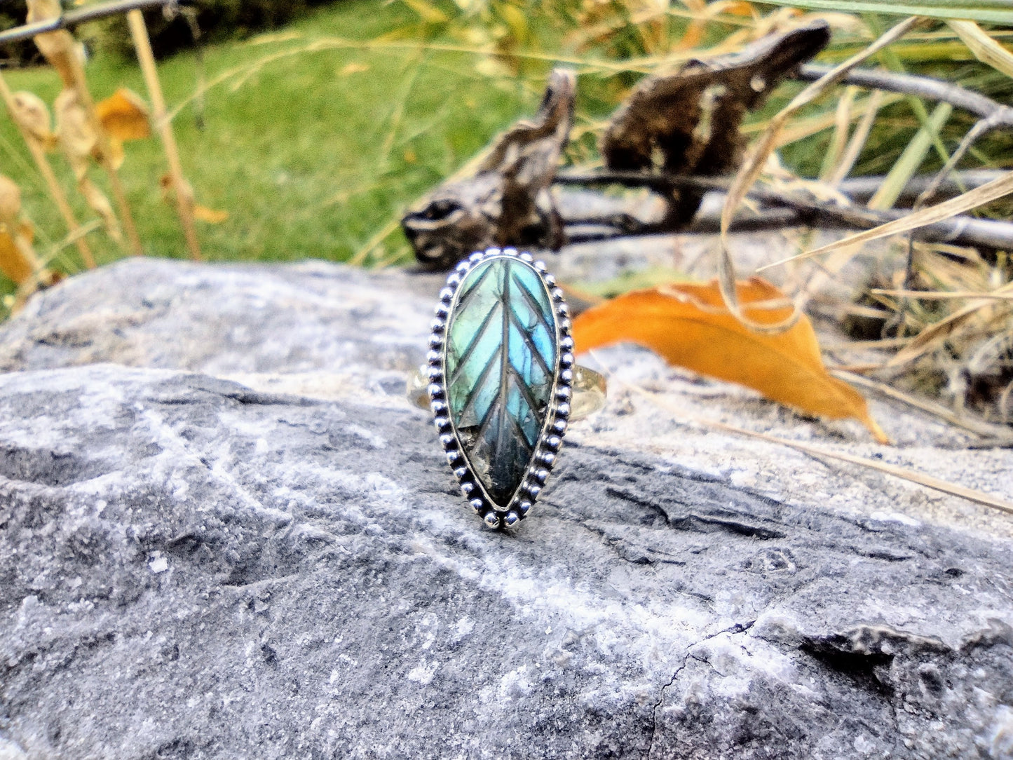 Carved Blue Labradorite Ring | Size 7