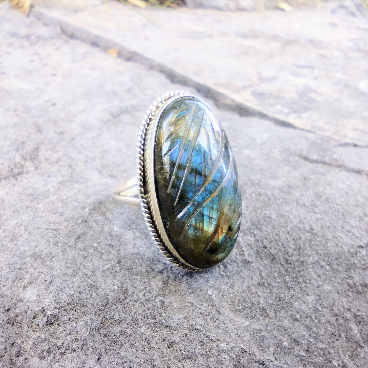 Sterling Silver Large Carved Labradorite Ring Size 7