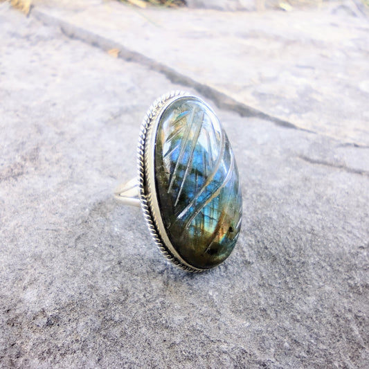 Sterling Silver Large Carved Labradorite Ring Size 7