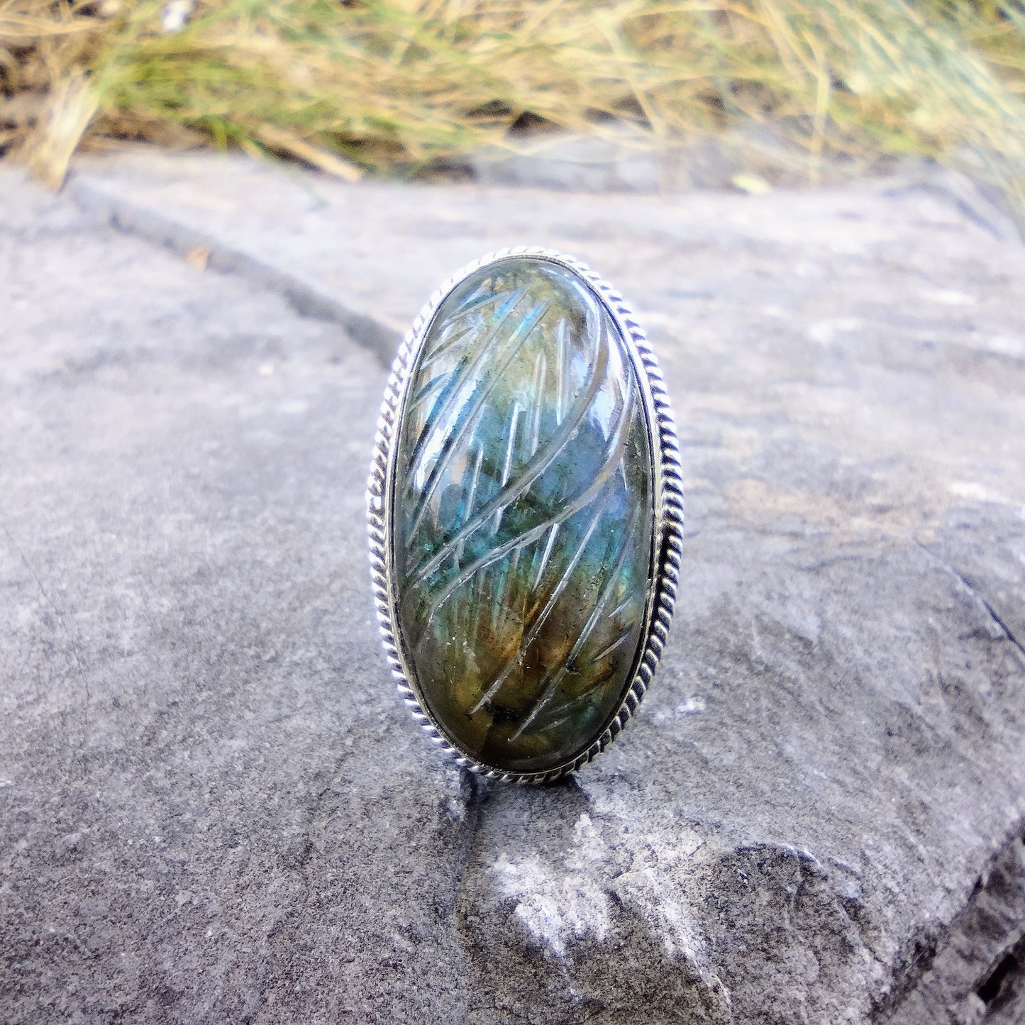 Sterling Silver Large Carved Labradorite Ring Size 7