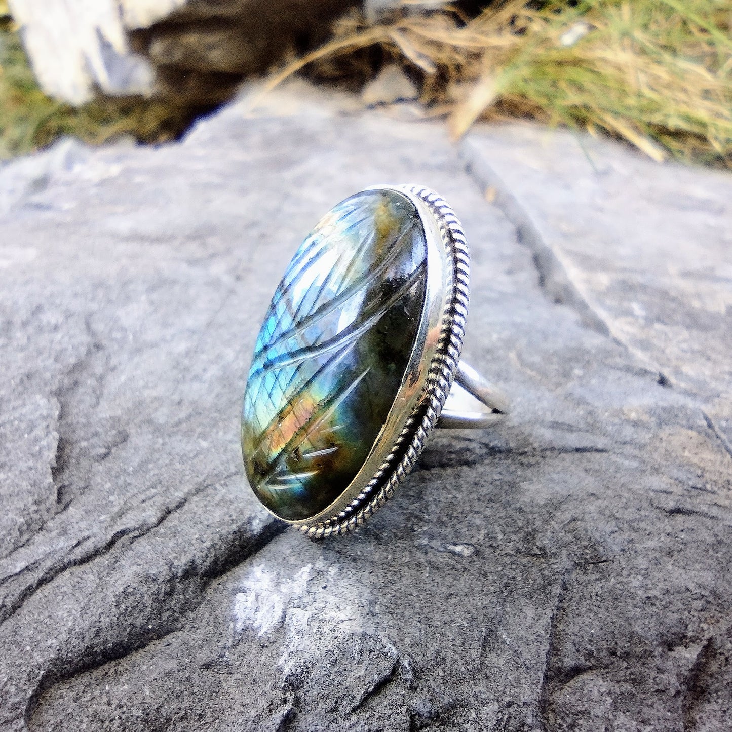 Sterling Silver Large Carved Labradorite Ring Size 7