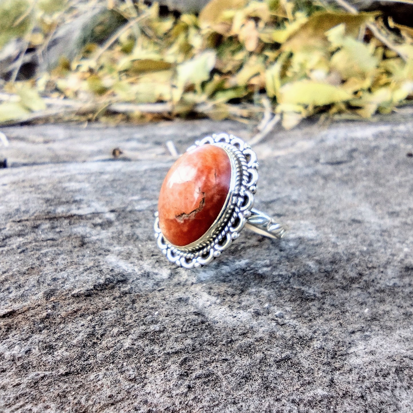 Sterling Silver Peach Sunstone Ring Size 7.5
