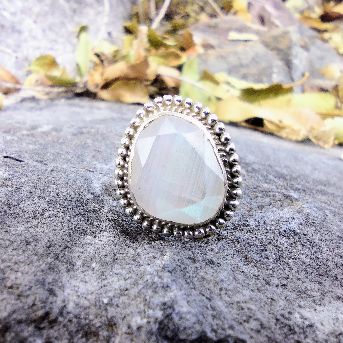 Sterling Silver Rough Cut Flash Rainbow Moonstone Ring Size 7.25