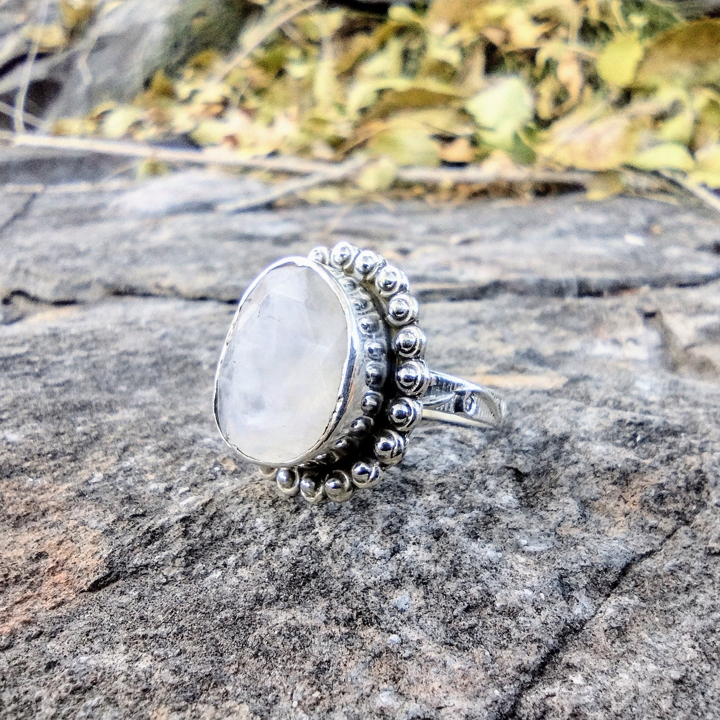 Sterling Silver Rough Cut Flash Rainbow Moonstone Ring Size 7