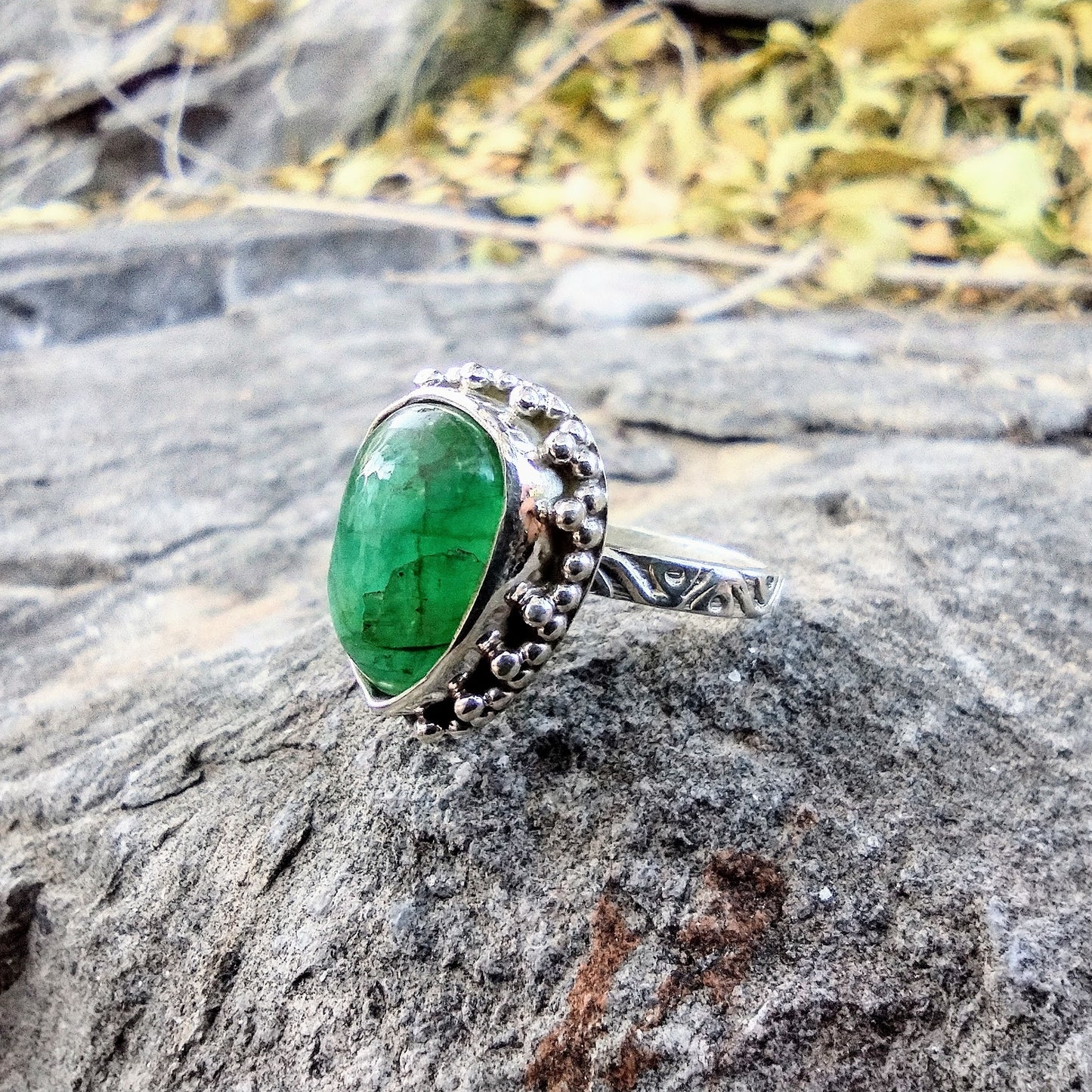Sterling Silver Large Zambian Emerald Ring Size 7