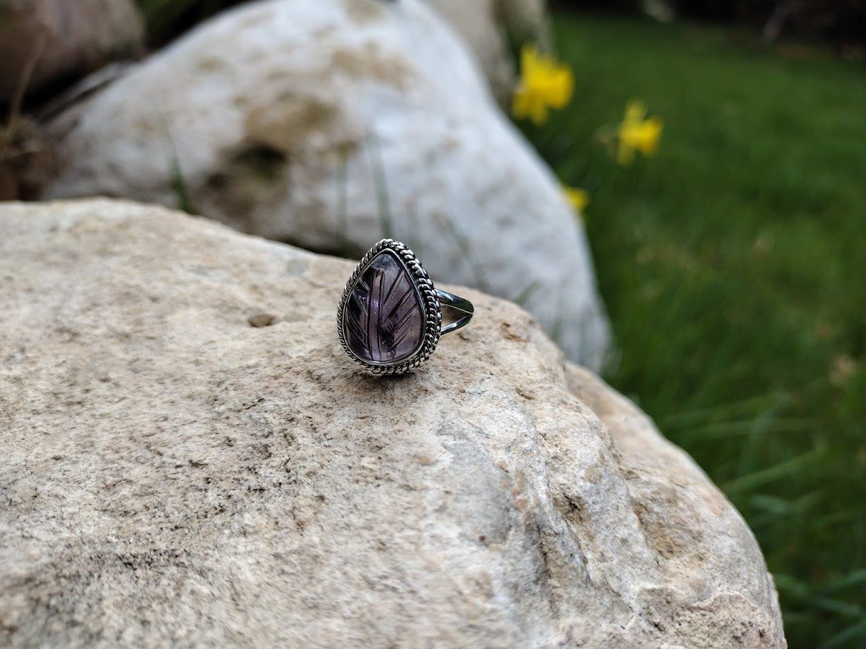 #111 Natural Carved Amethyst Ring