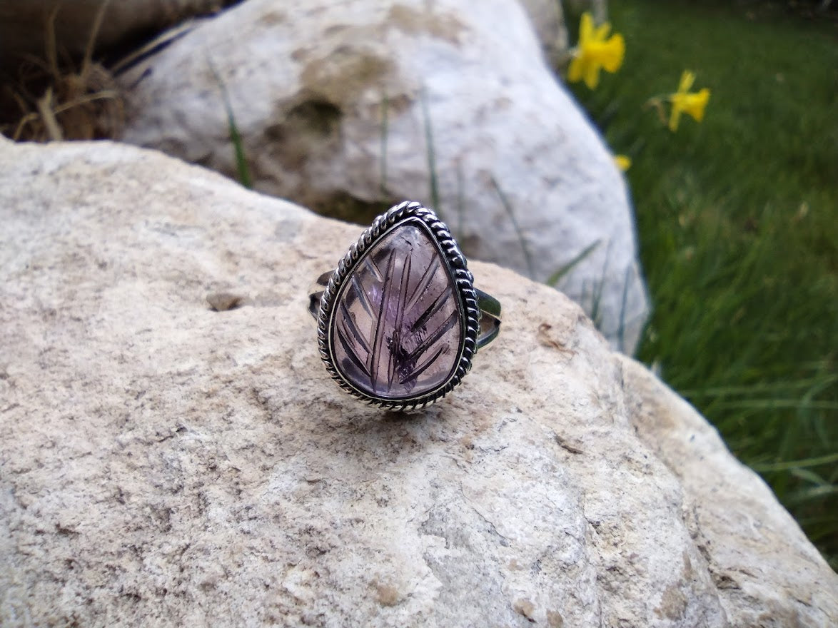 #111 Natural Carved Amethyst Ring