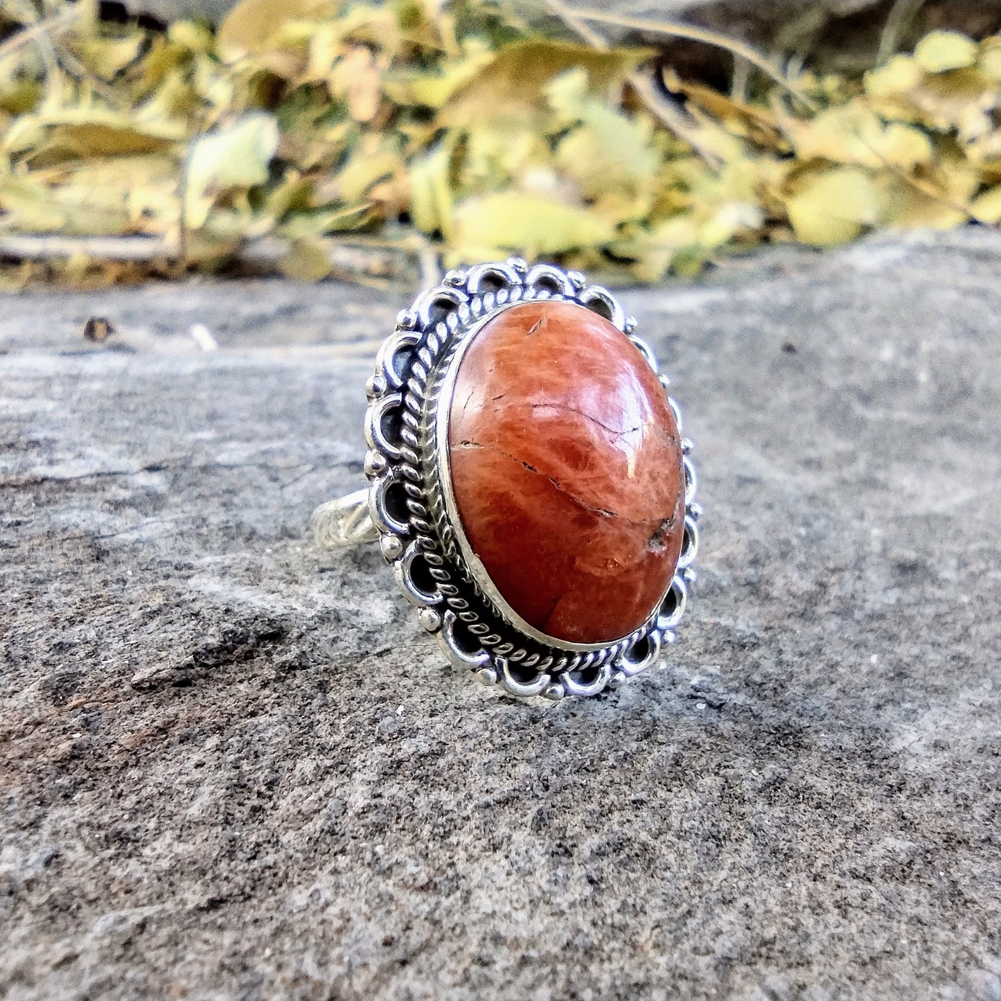 Sterling Silver Peach Sunstone Ring Size 7.5