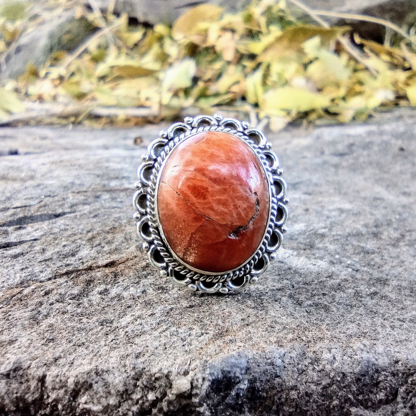 Sterling Silver Peach Sunstone Ring Size 7.5