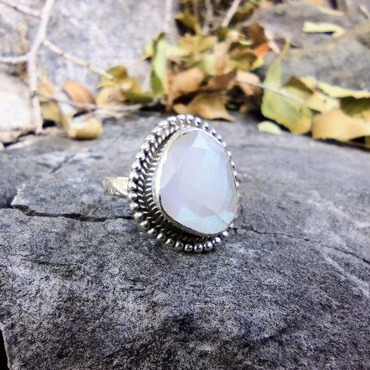 Sterling Silver Rough Cut Flash Rainbow Moonstone Ring Size 7.25