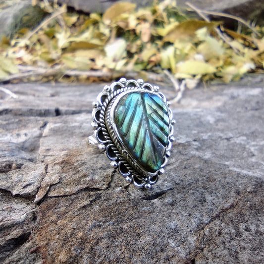 Sterling Silver Carved Labradorite Ring Size 7