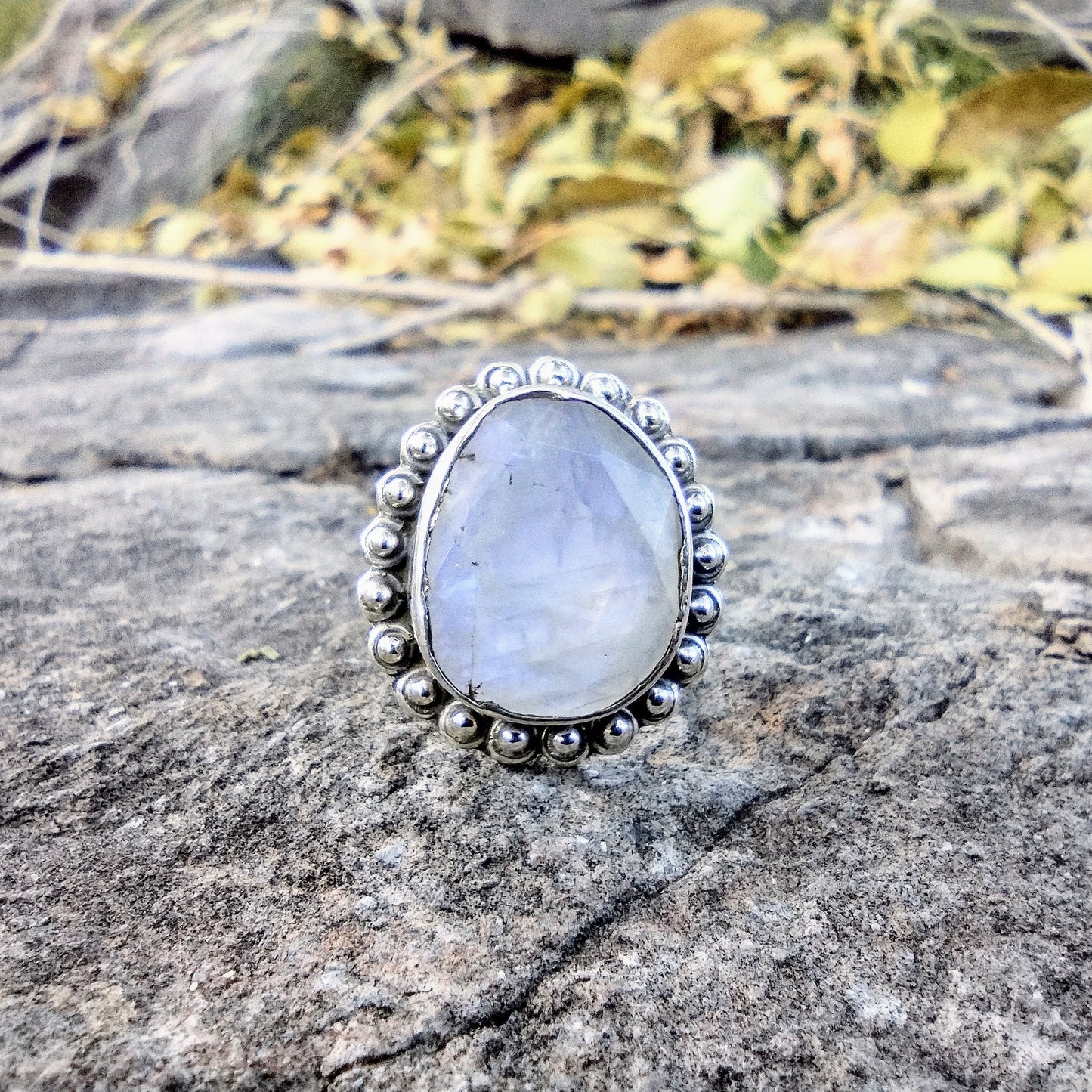 Sterling Silver Rough Cut Flash Rainbow Moonstone Ring Size 7